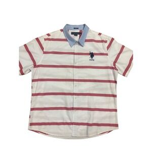 US Polo Assn Mens XXL Slim Fit Short Sleeve Button Down Shirt Red White Striped